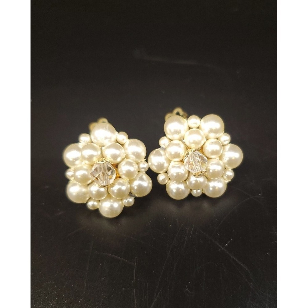Vintage Faux Pearl Cluster Clip On Earrings With Clear Glass Bead Center